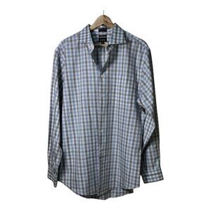 Neiman Marcus Trim Fit Shirt Mens 16.5 34/35  white blue grey Check Button Up Wr
